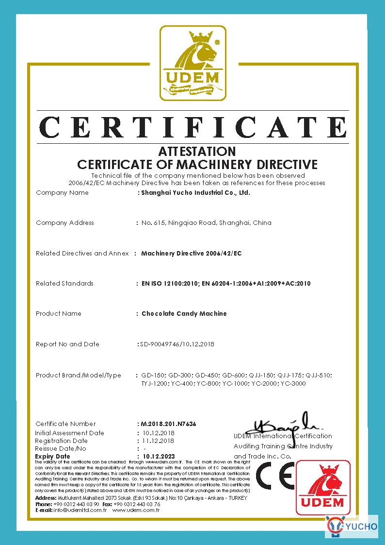 YUCHO CE certificate for chocolate candy machinery