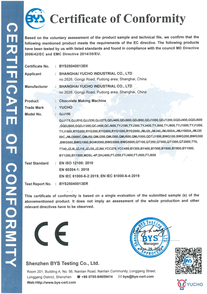 YUCHO machinery directive conformity certificate
