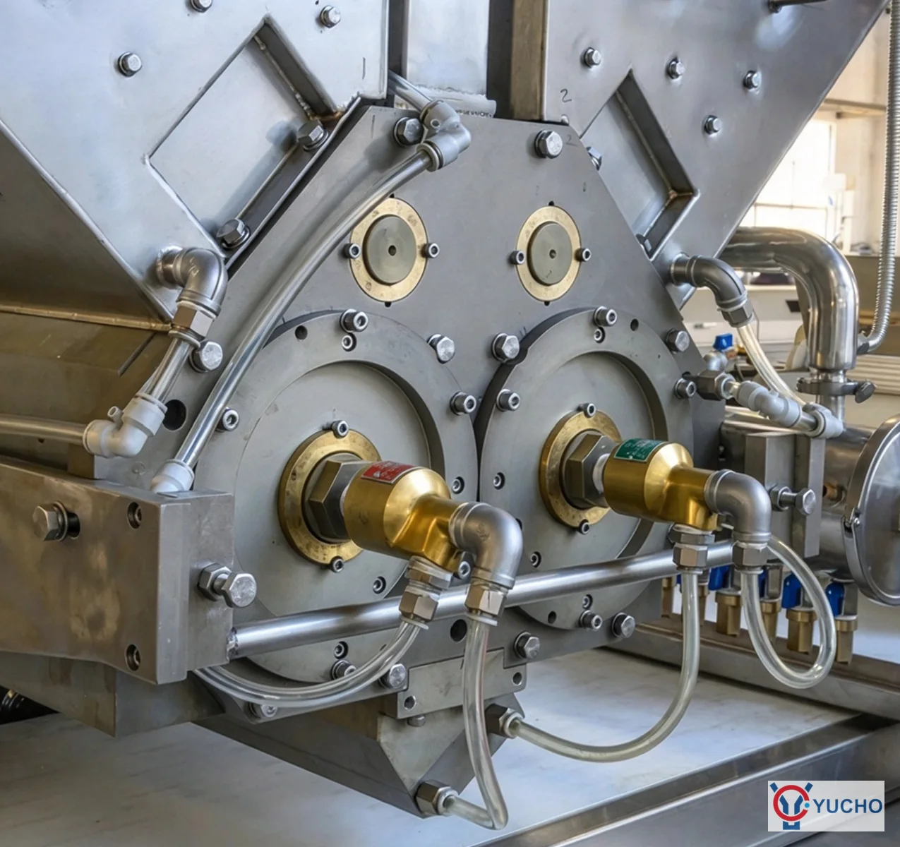 Close-up of stainless steel dual-hopper protein bar extruder